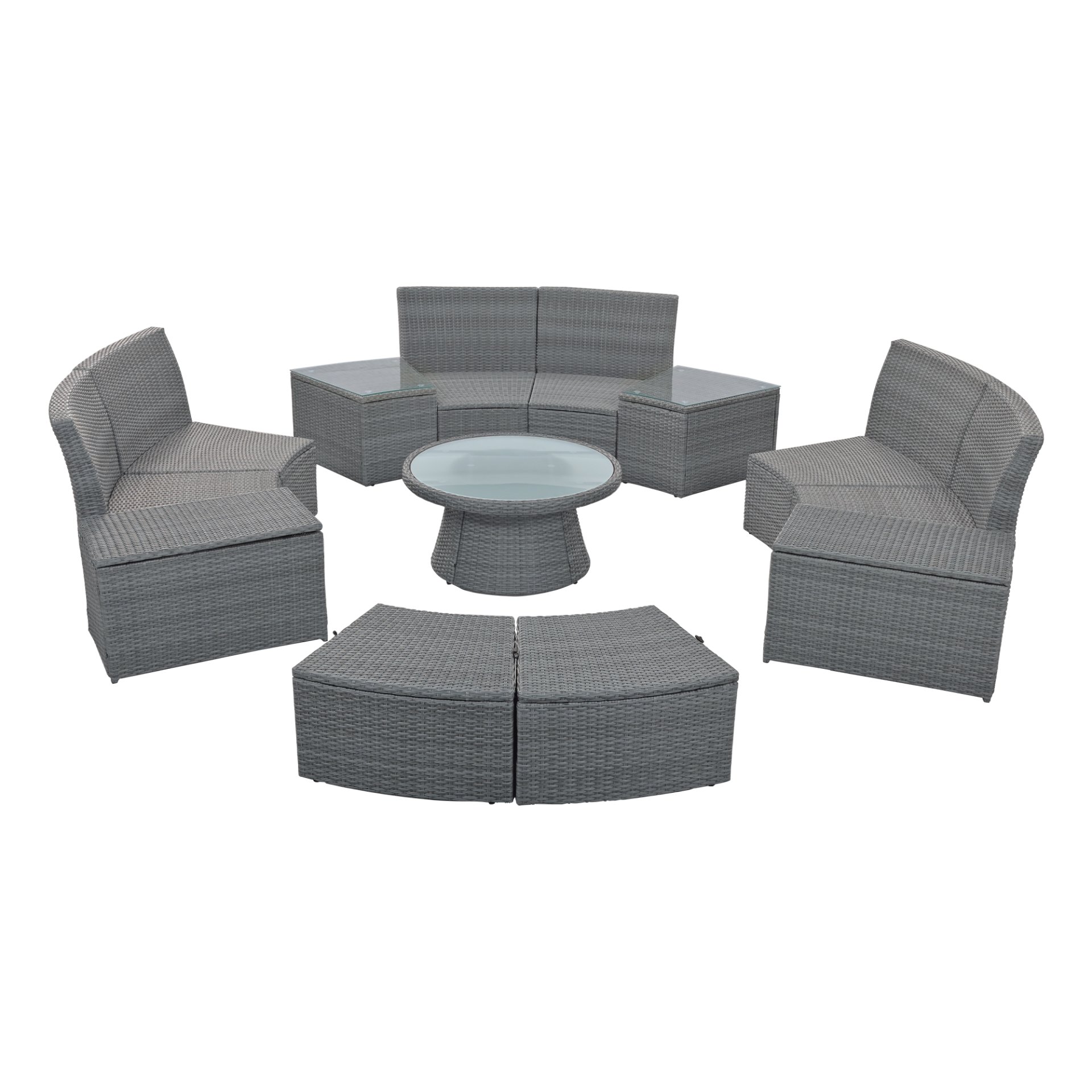 10 Piece Outdoor Sectional Half Round Patio Rattan Sofa Set, Wicker Conversation Furniture Set For Free Combination - Light Gray - Image 14