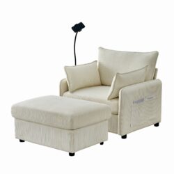 Oversized Chaise Lounge Chair With Ottoman And Storage, Comfy Corduroy Upholstered Deep Seat - Beige