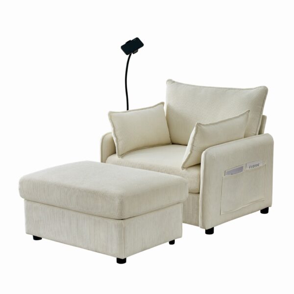 Oversized Chaise Lounge Chair With Ottoman And Storage, Comfy Corduroy Upholstered Deep Seat - Beige