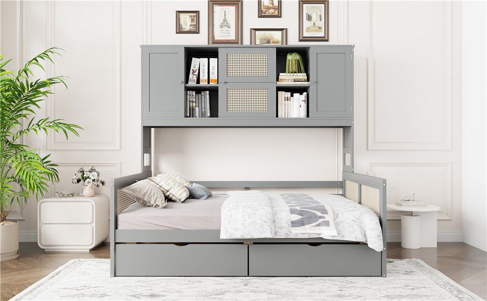 Full Size Wooden Daybed With 2 Drawers, And All In One Cabinet And Shelf - Gray - Image 15