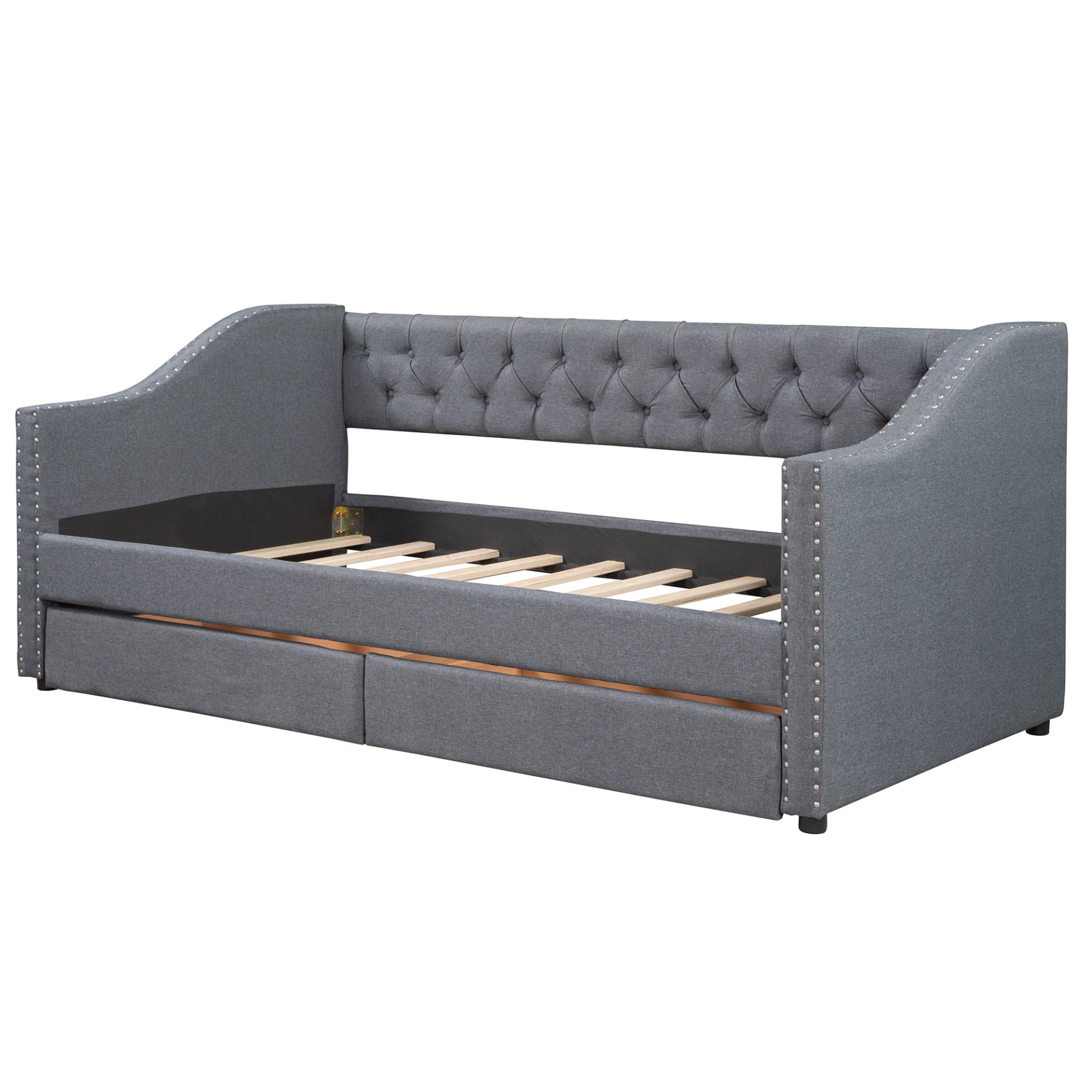 Twin Size Upholstered Daybed With Two Drawers, Slat Support - Gray - Image 7