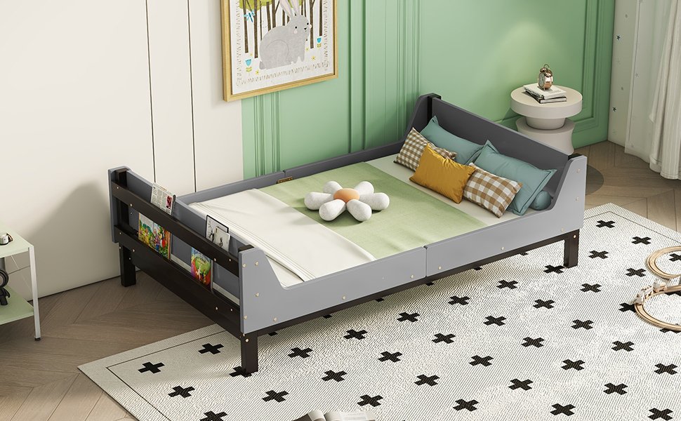 Twin Bed With Headboard, Footboard, Safeguards, Built-In Bed-End Book Storage Rack - Gray - Image 6