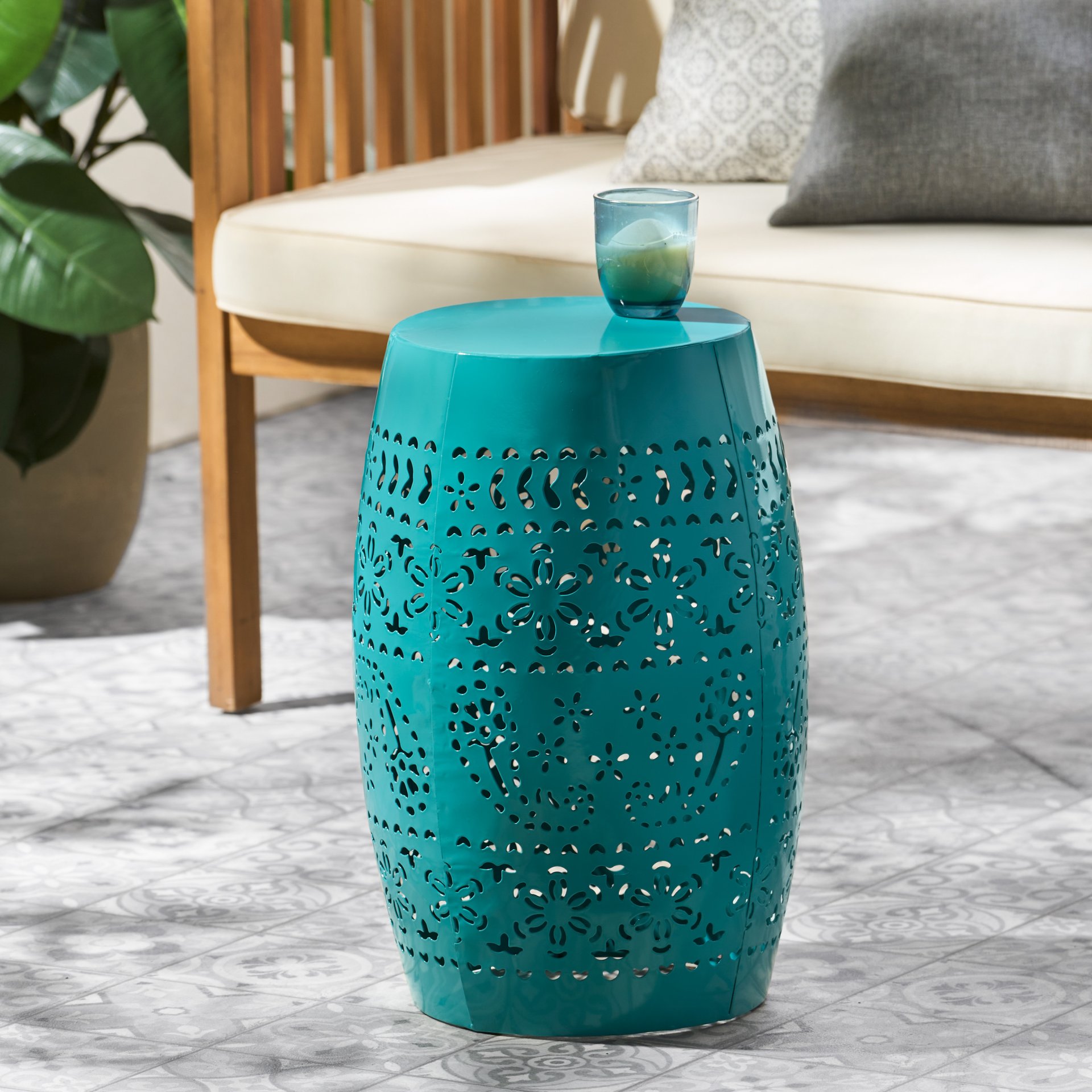 Outdoor Lace Cut Side Table - Teal - Image 9