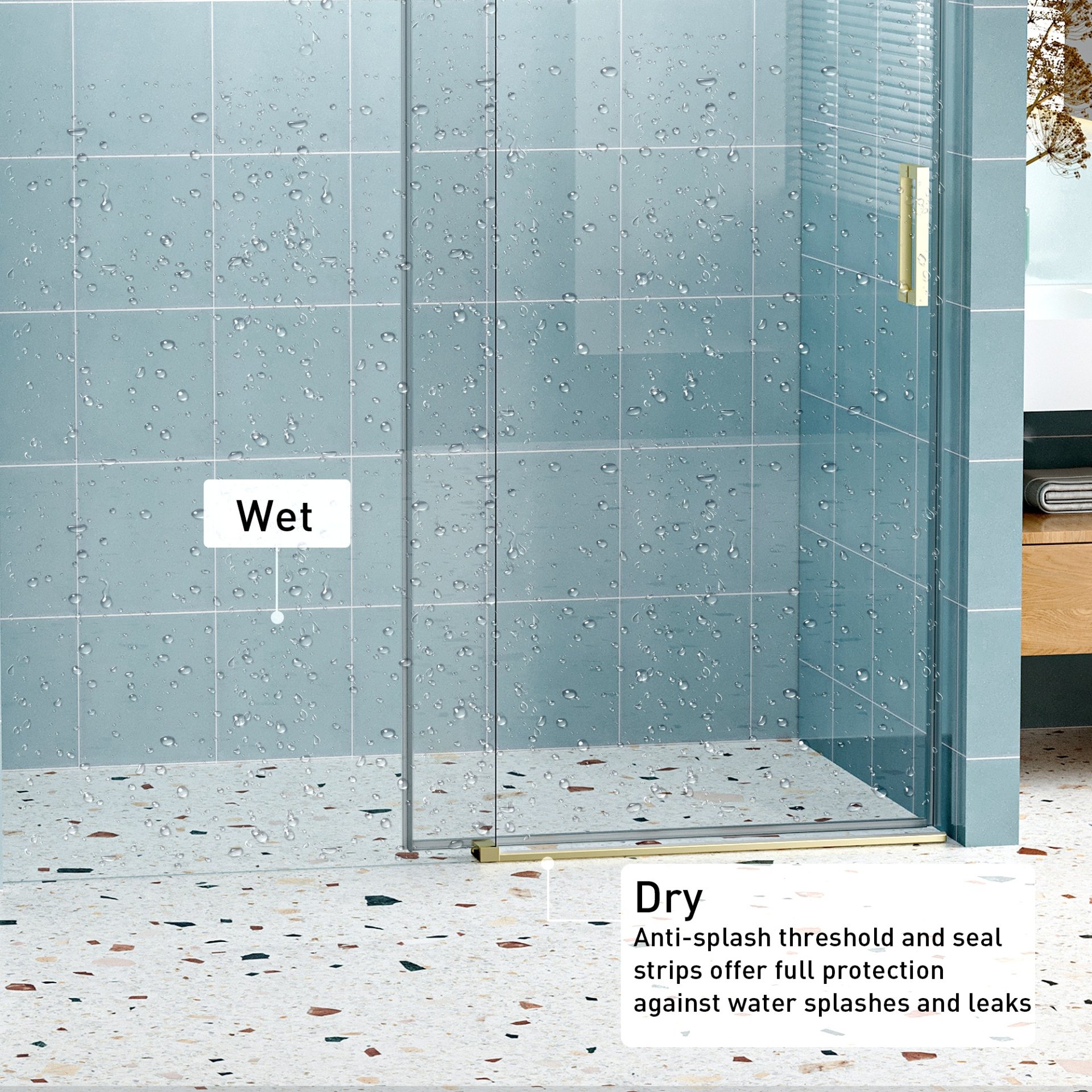 Frameless Soft Closing Single Sliding Shower Door, 1 / 4" (6Mm) Tempered Glass With Explosion Proof Coating Via Express Delivery - Gold - Image 7