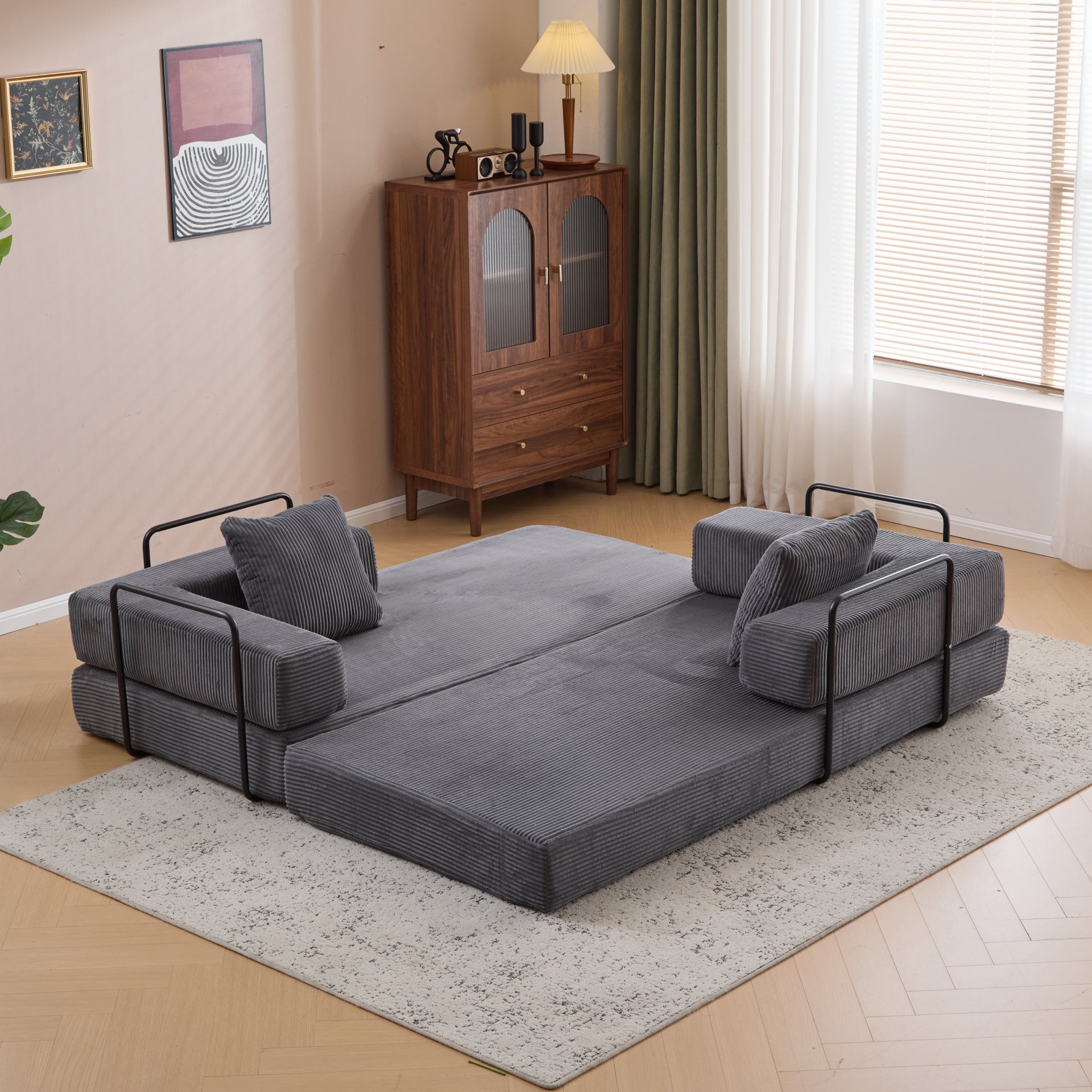 Floor Couch, Compression Sofa, Convertible Floor Sofa Bed With Pillow Back Support Armrest - Dark Gray - Image 12
