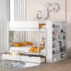 Full Over Full Bunk Bed With 2 Drawers And Multi-Layer Cabinet - White