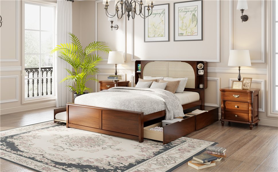 Queen Size Headboard Bed With 2 Drawers And Trundle Walnut - Image 15