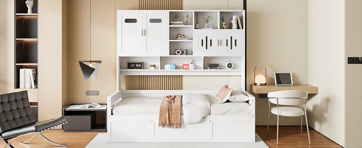 Twin Size Wooden Daybed With Hydraulic Bed And All In One Cabinet And Shelf - White - Image 14