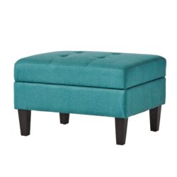 Tufted Waffle Stitch Upholstered Storage Ottoman With Wood Legs - Teal