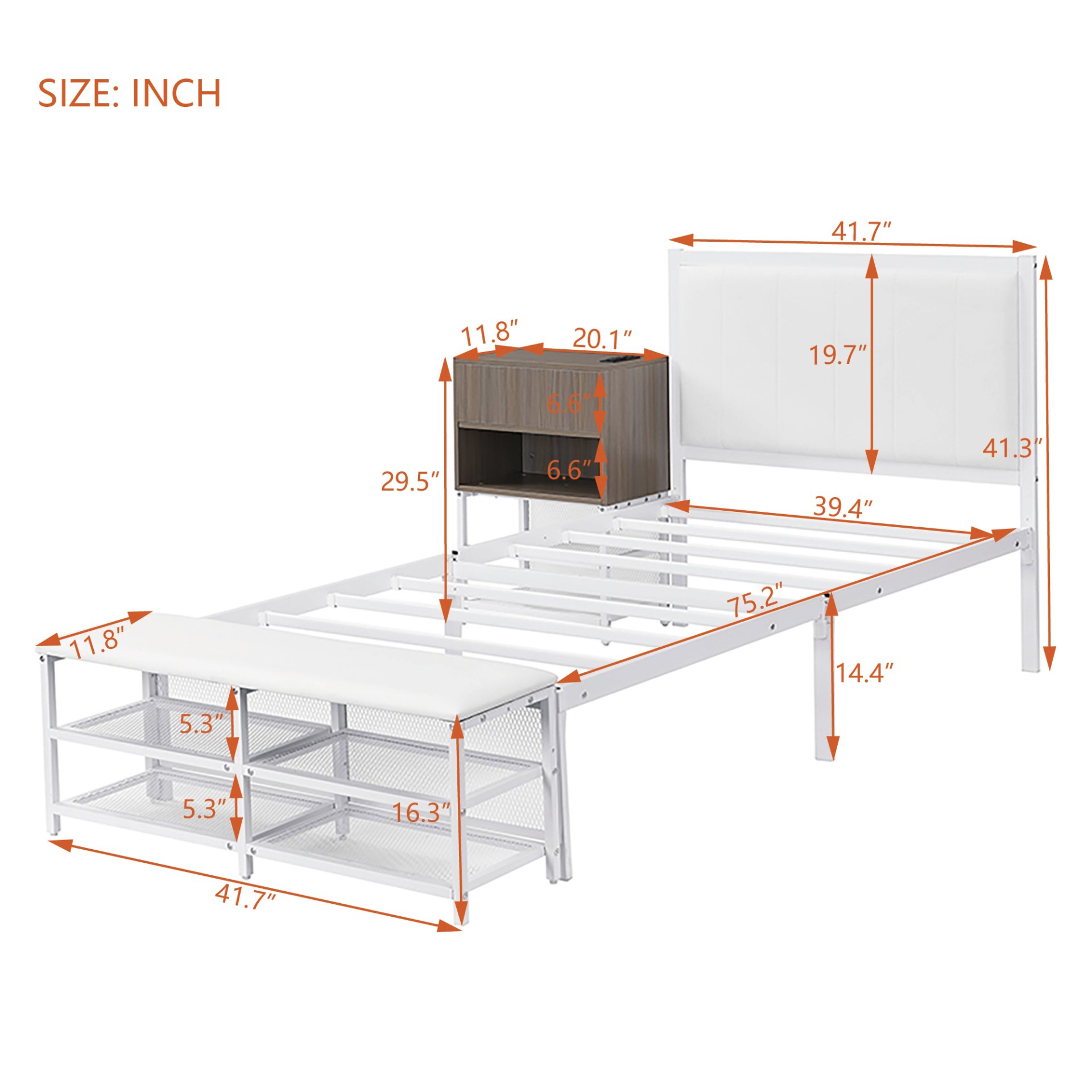 Twin Size Platform Bed With 2 Tier Storage Shelves, Storage Cabinet - White - Image 6