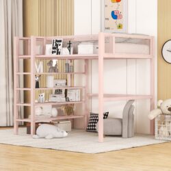 Twin Size Loft Bed With 4 Tier Shelves And Storage - Pink