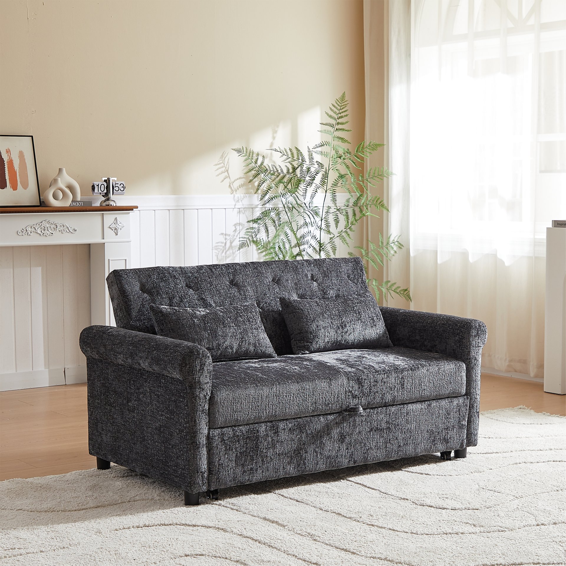 3 In 1 Loveseat Sofa Bed Chenille Fabric Pull Out Couch Sleeper Full Back Frame, Seat Frame, Armrests & 2 Pillows - Dark Gray - Image 13