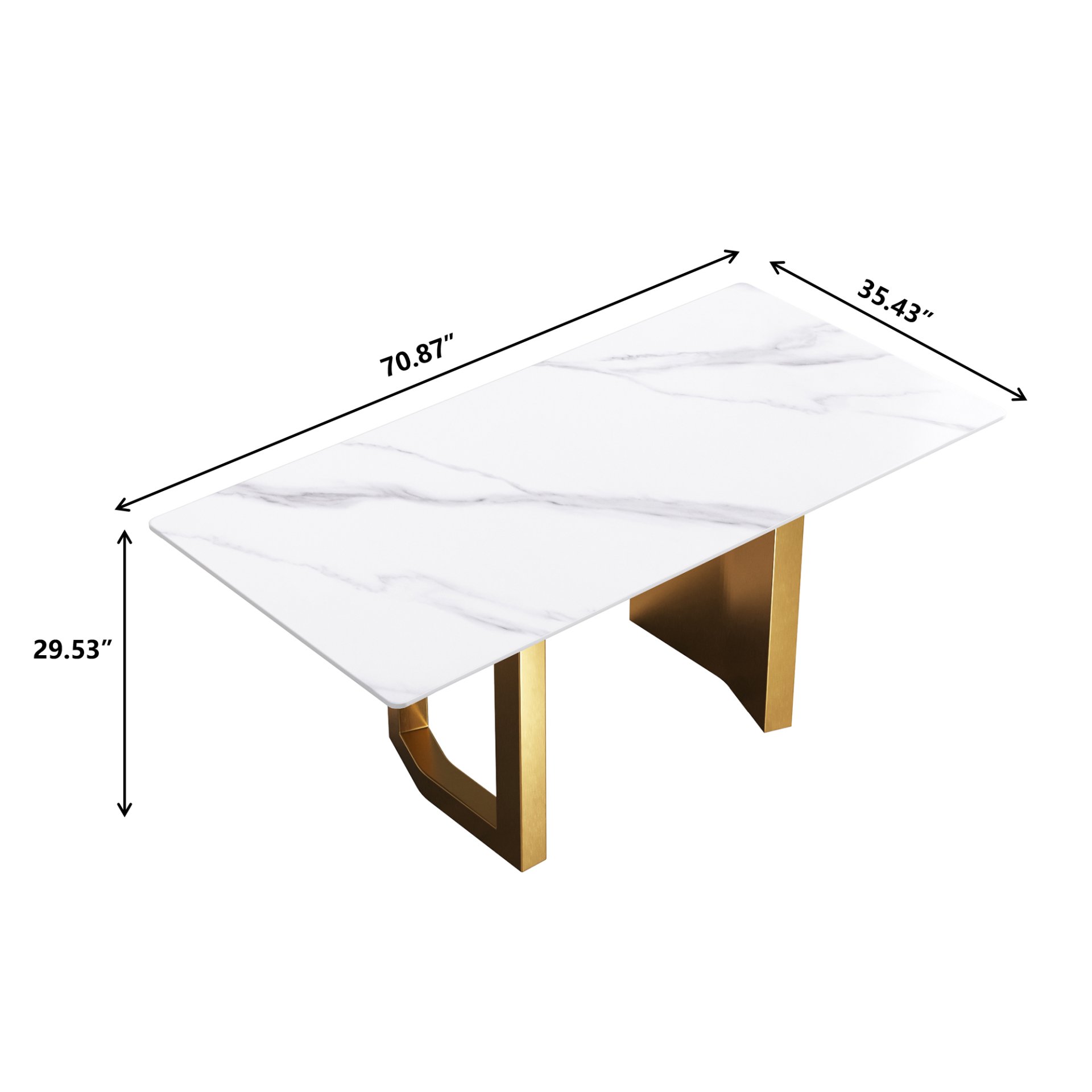 70.87" Modern Artificial Stone Straight Edge Golden Metal Leg Dining Table, Can Accommodate 6-8 People - White / Gold - Image 3