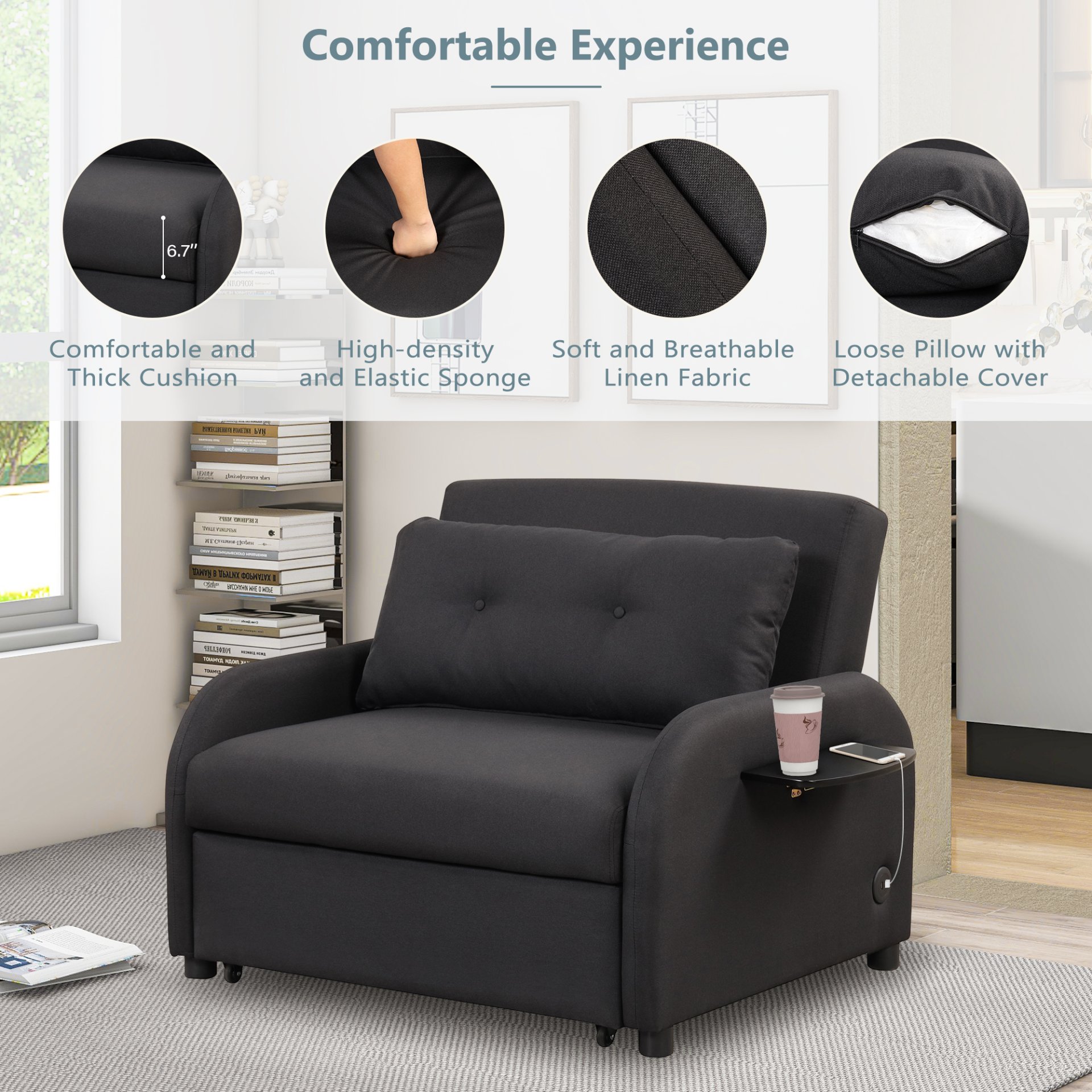 3 In 1 Pull Out Sofa Sleeper With Wing Table And USB Charge - Black - Image 7
