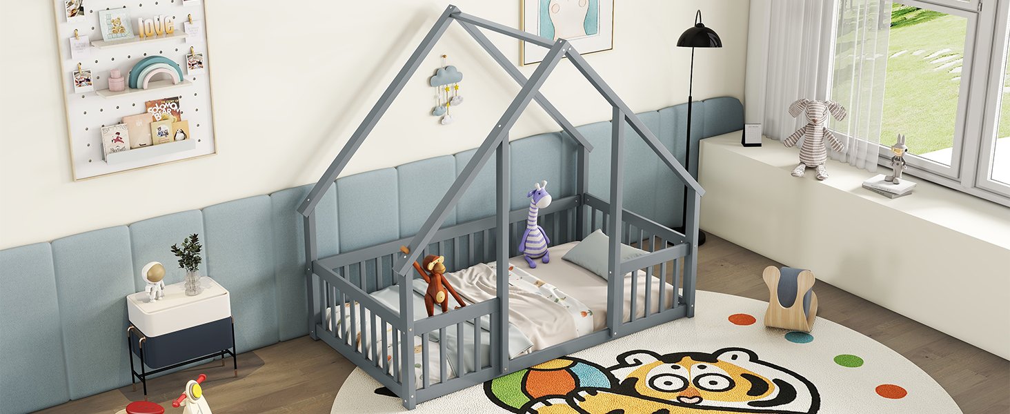 Twin Wood House-Shaped Floor Bed With Fence, Guardrails - Gray - Image 10