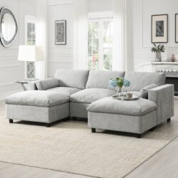 Modular Sectional With Storage Pockets, 5 Seat U Shaped Couch Set With Pillows, Free Combination Modern Cloud Sofa With 2 Movable Ottoman - Medium Gray