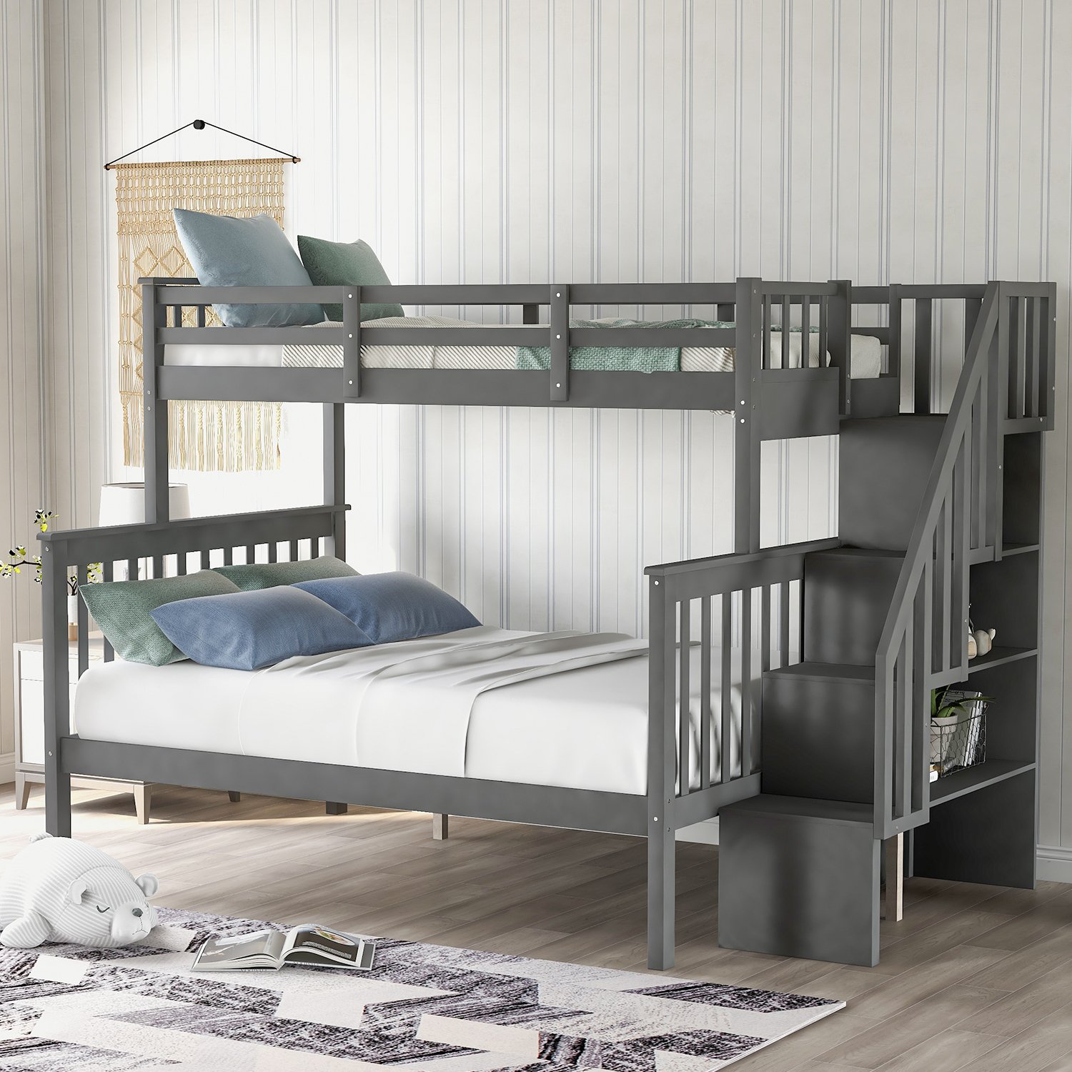 Twin Over Full Bunk Bed Stairway With Storage And Guard Rail For Bedroom - Gray - Image 3