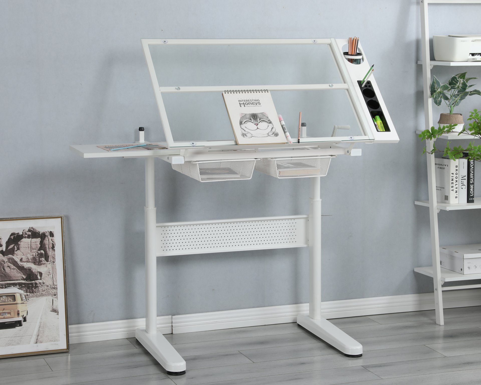 38.18" Hand Crank Adjustable Drafting Table Drawing Desk With 2 Metal Drawers With Stool - White - Image 9