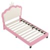 Twin Size Upholstered Princess Bed With Crown Headboard, Twin Size Platform Bed With Headboard And Footboard - White / Pink - Image 3