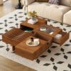 Mid Century Modern Coffee Table, Unique Square Wooden Coffee Table With 3 Drawers, Tempered Glass And Solid Wood Legs For Living Room - Brown - Image 2