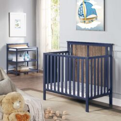 Connelly - Mini Crib With Mattress Pad Midnight - Blue / Vintage Walnut