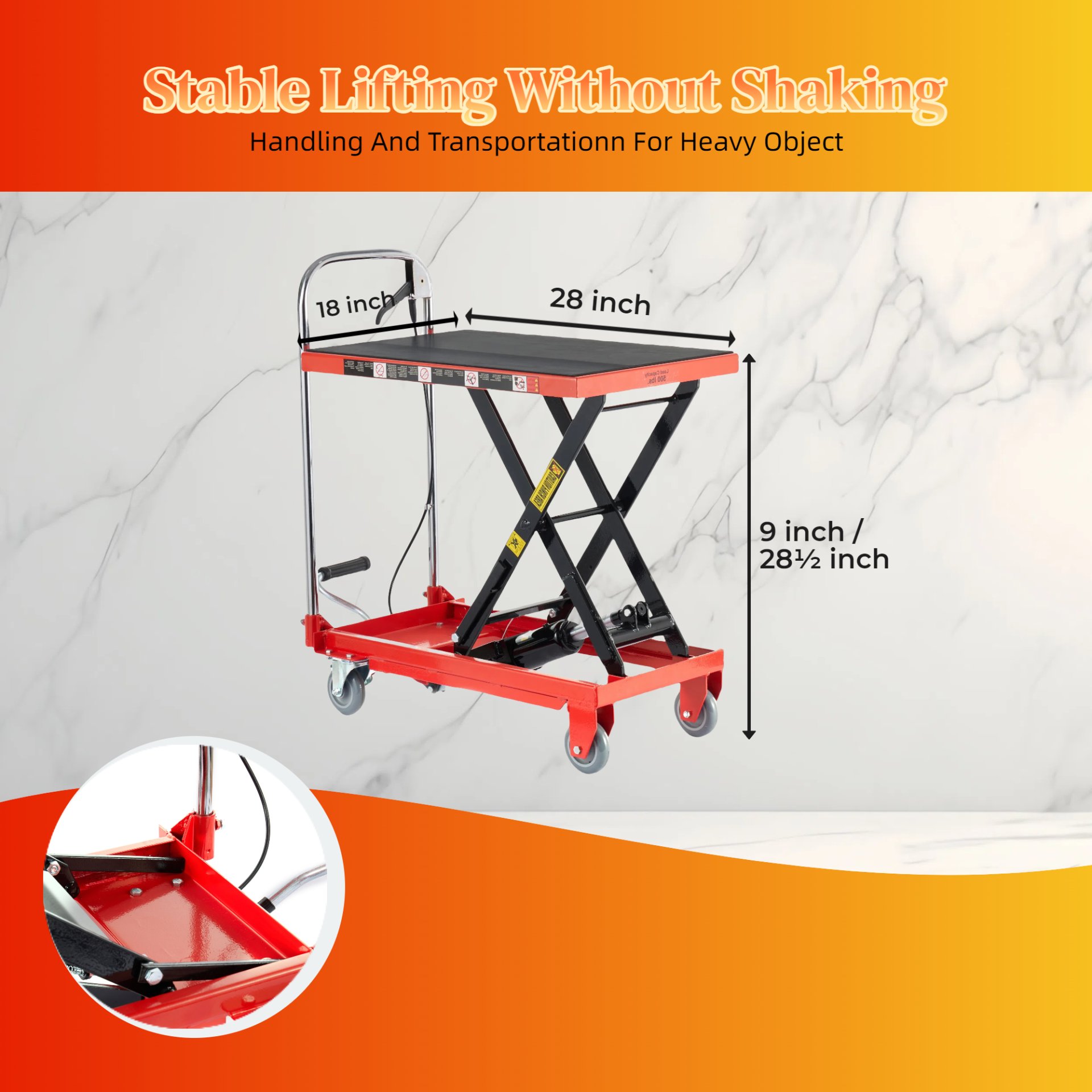 Hydraulic Lift Table Cart 500Lbs Load Red Single Scissor Lift With Non Slip Pads And Wheels - Red / Black - Image 4