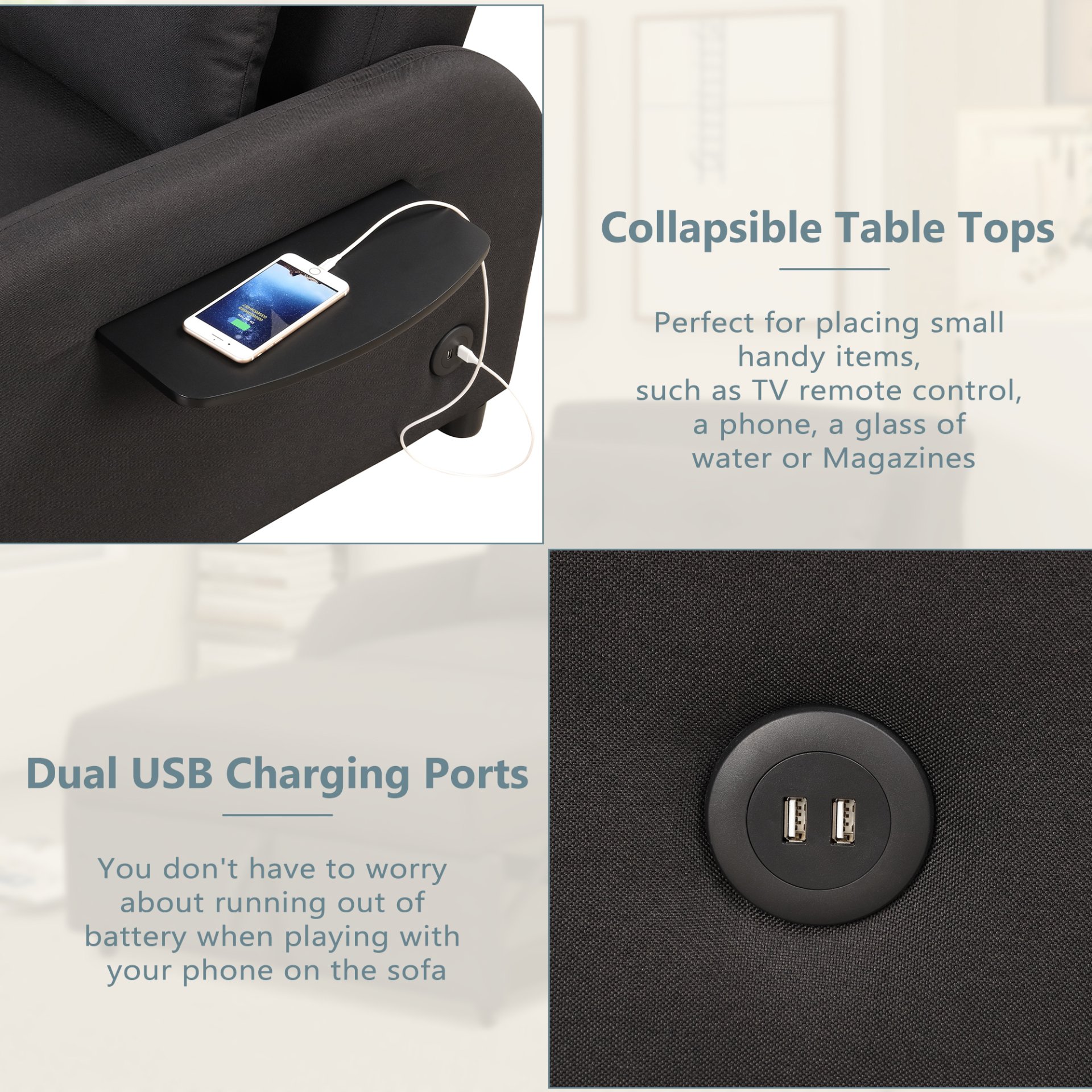 3 In 1 Pull Out Sofa Sleeper With Wing Table And USB Charge - Black - Image 8