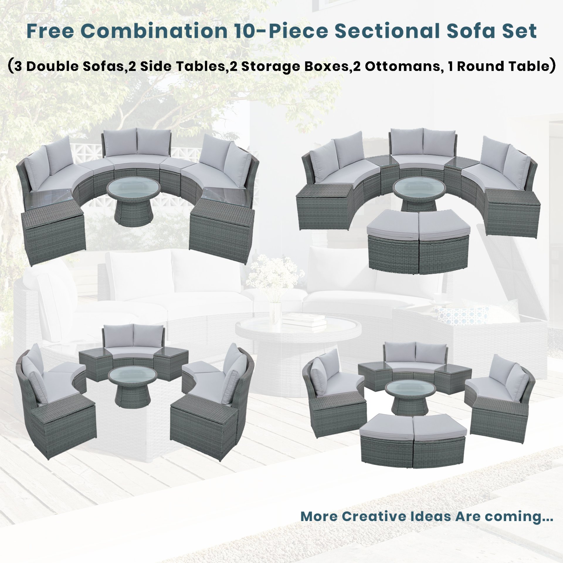 10 Piece Outdoor Sectional Half Round Patio Rattan Sofa Set, Wicker Conversation Furniture Set For Free Combination - Light Gray - Image 8