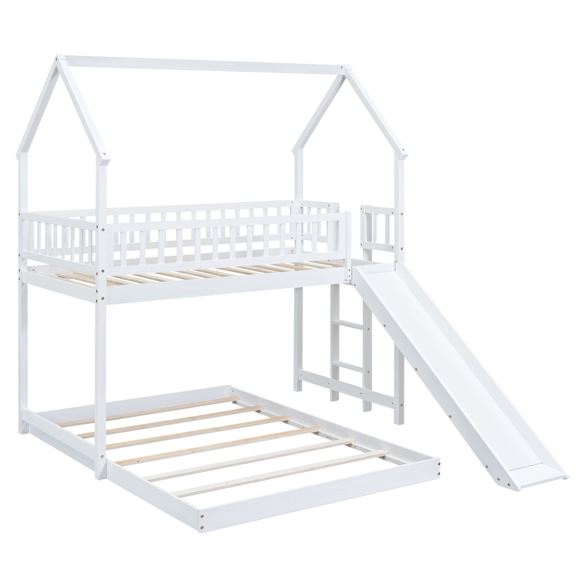 Hearth & Haven - Twin Over Full House Bunk Bed With Slide, Built In Ladder And Full Length Guardrail - White - Image 7
