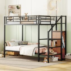 Twin Over Twin Metal Bunk Bed With Lateral Storage Ladder And Wardrobe - Black