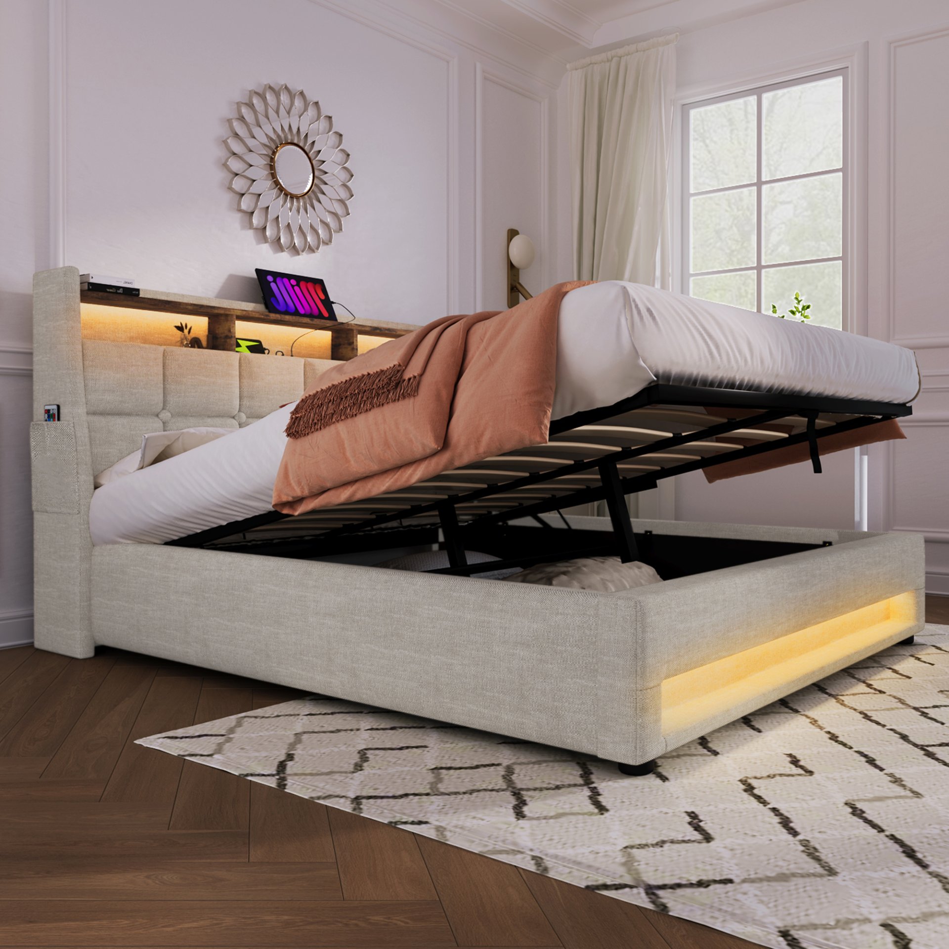 Full Size Upholstered Platform Bed With A Hydraulic Storage System, LED And USB Charging (Without Mattress) - Natural - Image 13