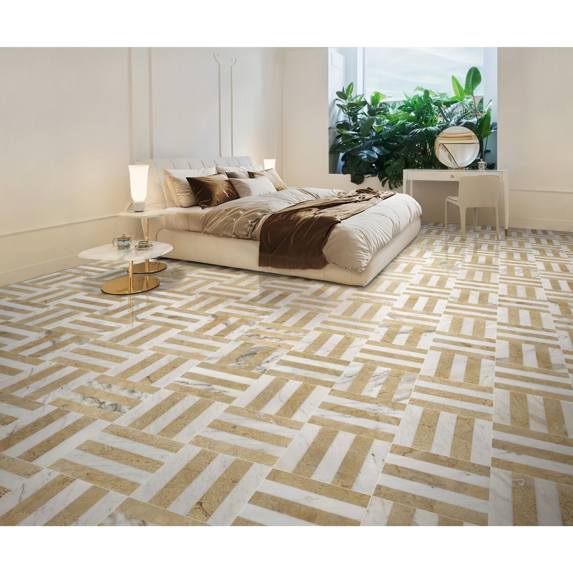 Elegant And Waterjet Polished Marble Tile For Floor And Wall Stone - White / Gold - Image 6