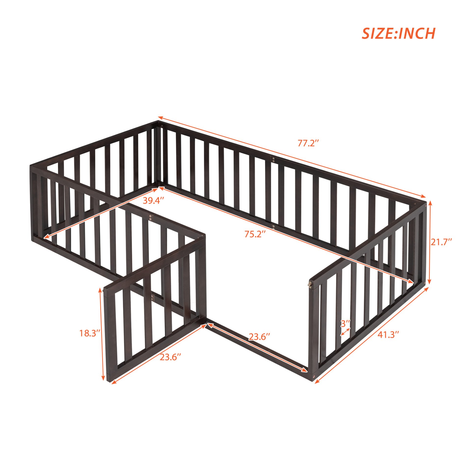 Twin Size Floor Bed Frame With Fence And Door - Walnut - Image 12