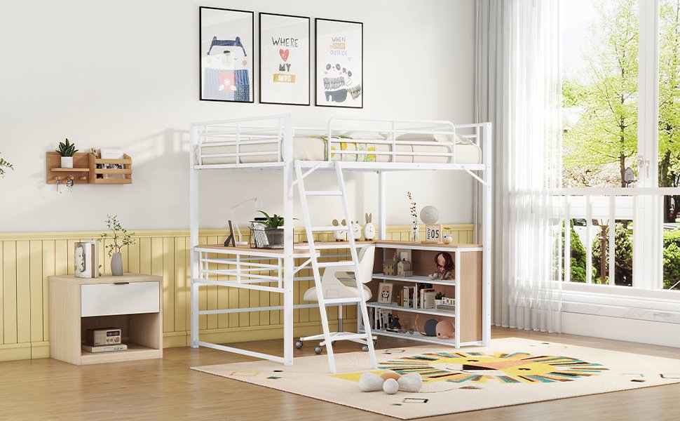 Full Size Loft Bed With 3 Layers Of Shelves And L-Shaped Desk - White - Image 14