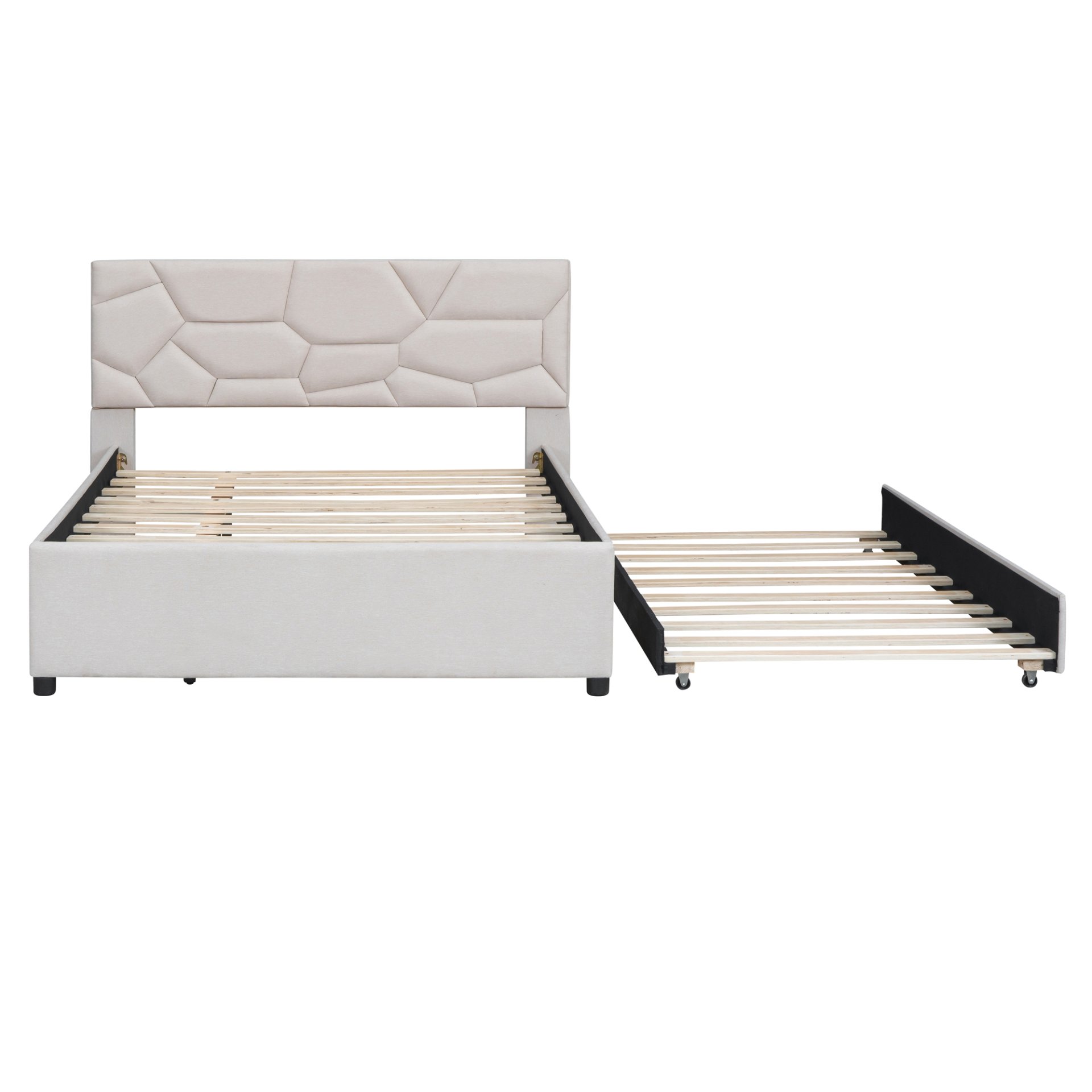 Full Size Upholstered Platform Bed With Brick Pattern Headboard And Twin Size Trundle - Beige - Image 6