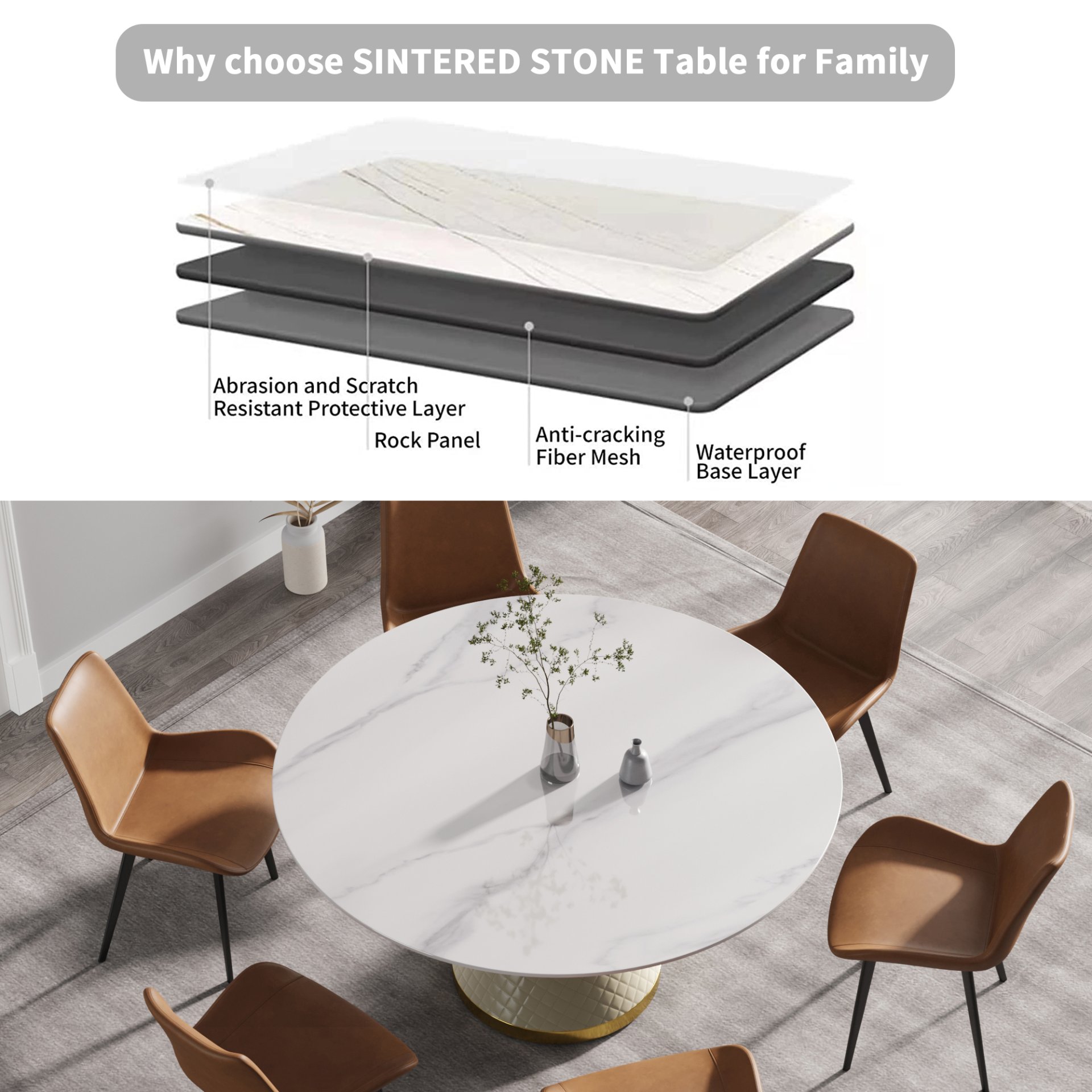 59.05" Modern Artificial Stone Round Carbon Steel Base Dining Table, Can Accommodate 6 People - White - Image 7