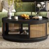 Wooden Mid-Century Modern Coffee Table, Round Cane Coffee Table With Side For Living Room - Dark Brown - Image 4