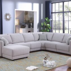 Penelope - Linen Fabric Reversible 7 Piece Modular Sectional Sofa With Ottoman And Pillows - Light Gray