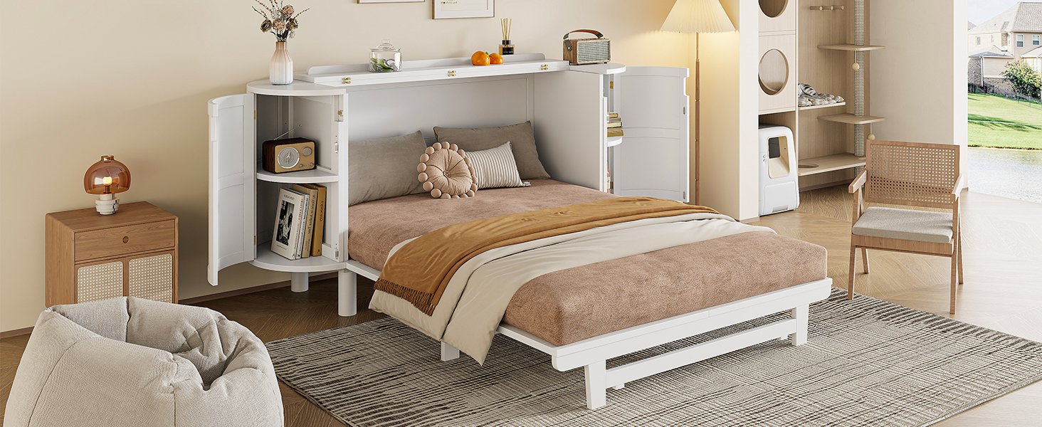 Queen Murphy Bed With Hidden Storage & Modern Woven Design - White - Image 16