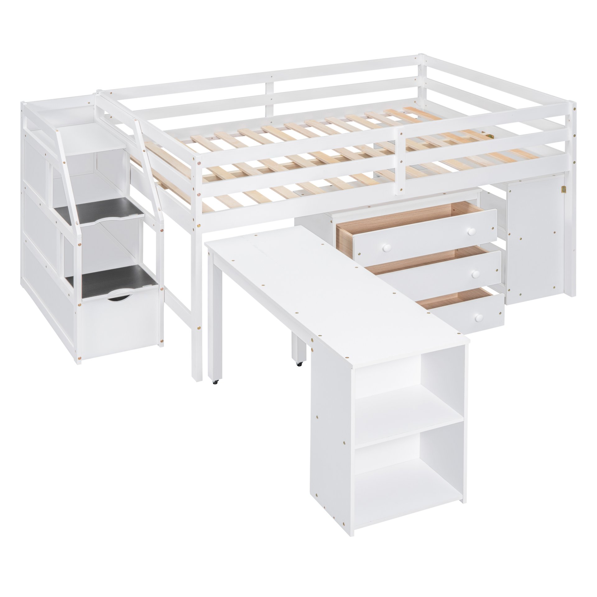 Full Size Loft Bed With Retractable Writing Desk And 3 Drawers With Storage Stairs And Shelves - White - Image 12