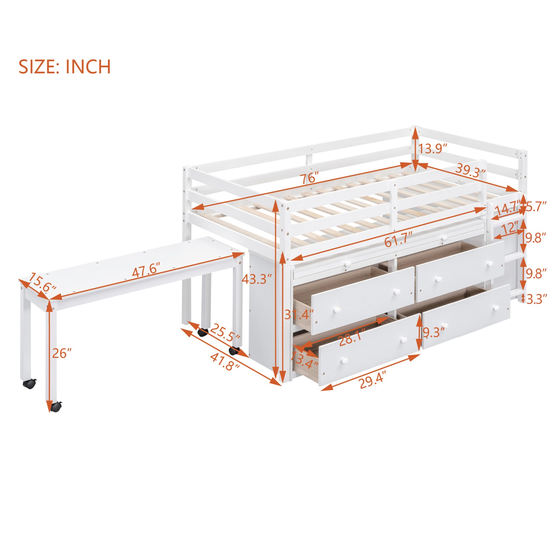 Twin Size Loft Bed With Retractable Writing Desk And 4 Drawers, With Lateral Portable Desk And Shelves - White - Image 5