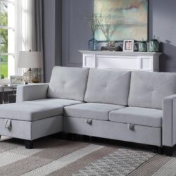 Nova - Velvet Reversible Sleeper Sectional Sofa With Storage Chaise - Light Gray