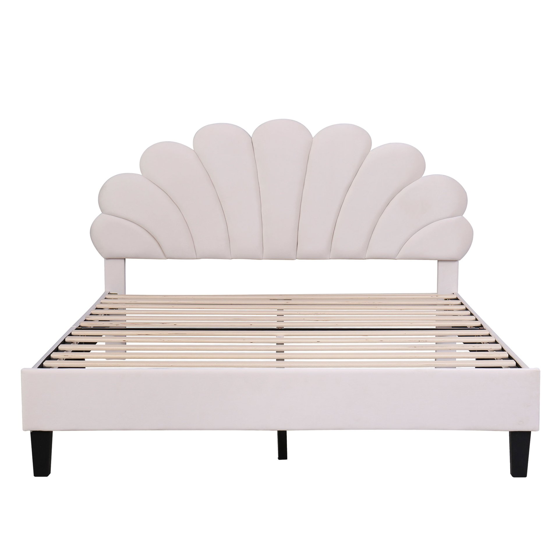 Queen Size Upholstered Platform Bed With Flower Pattern Headboard - Beige - Image 4