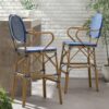 Outdoor Wicker And Aluminum French Barstools Set With Bamboo Print - Navy Blue - Image 4
