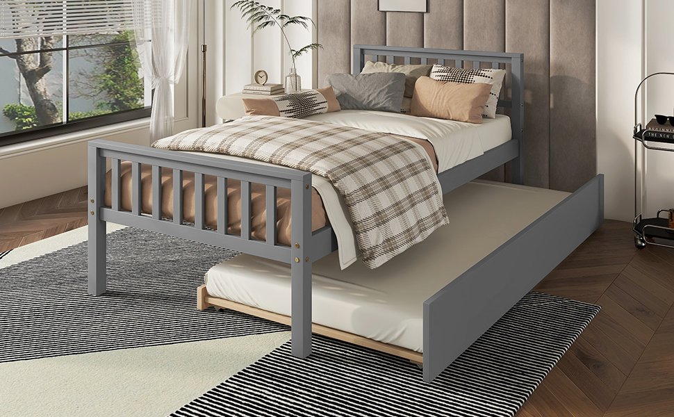 Twin Bed With Trundle, Platform Bed Frame With Headboard And Footboard, For Bedroom Small Living Space, No Box Spring Needed - Gray - Image 4