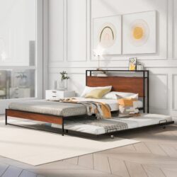 Queen Size Platform Bed Frame With Trundle, USB Ports And Slat Support, No Box Spring Needed - Black