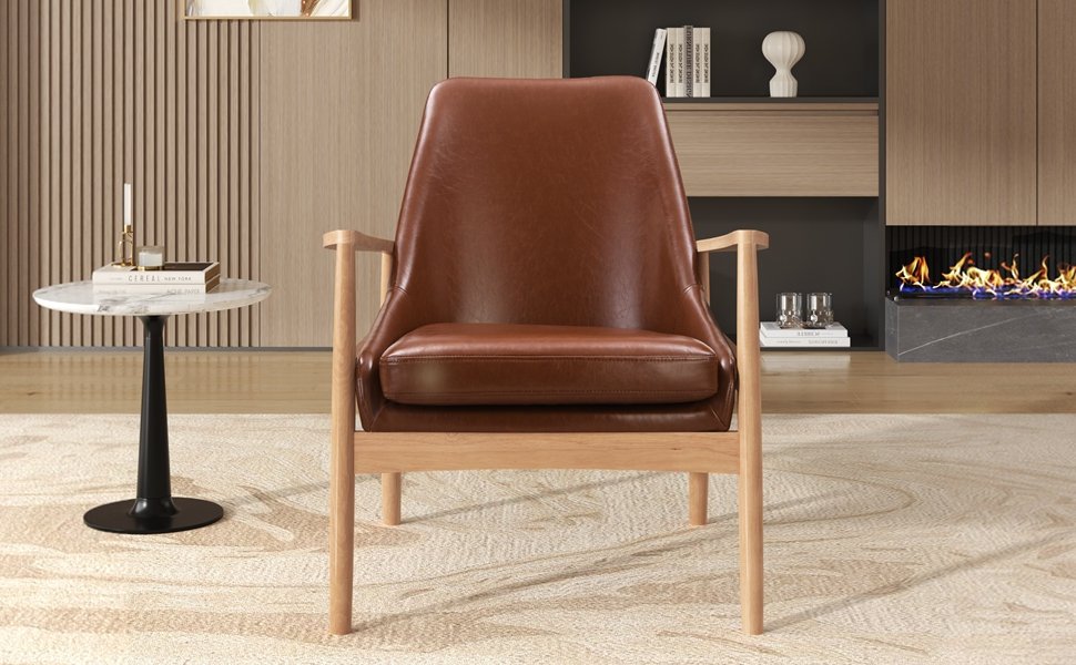 Accent Chair, Mid-Century Modern Armchair With Solid Wood Frame, Reading Leisure Chair With High Back For Living Room - Brown - Image 4