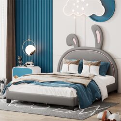 Full Size Upholstered Leather Platform Bed With Rabbit Ornament - Gray