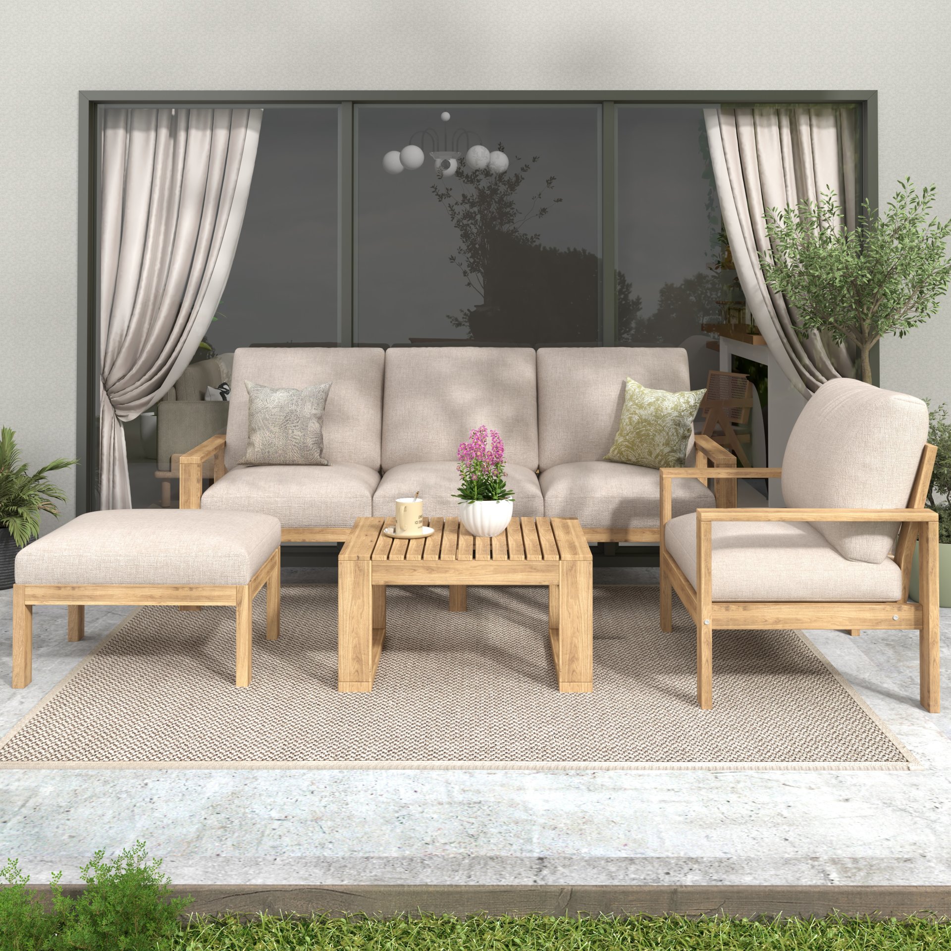 Outdoor 4 Pieces Acacia Sectional Patio Sofa Set - Light Gray / Teak - Image 2