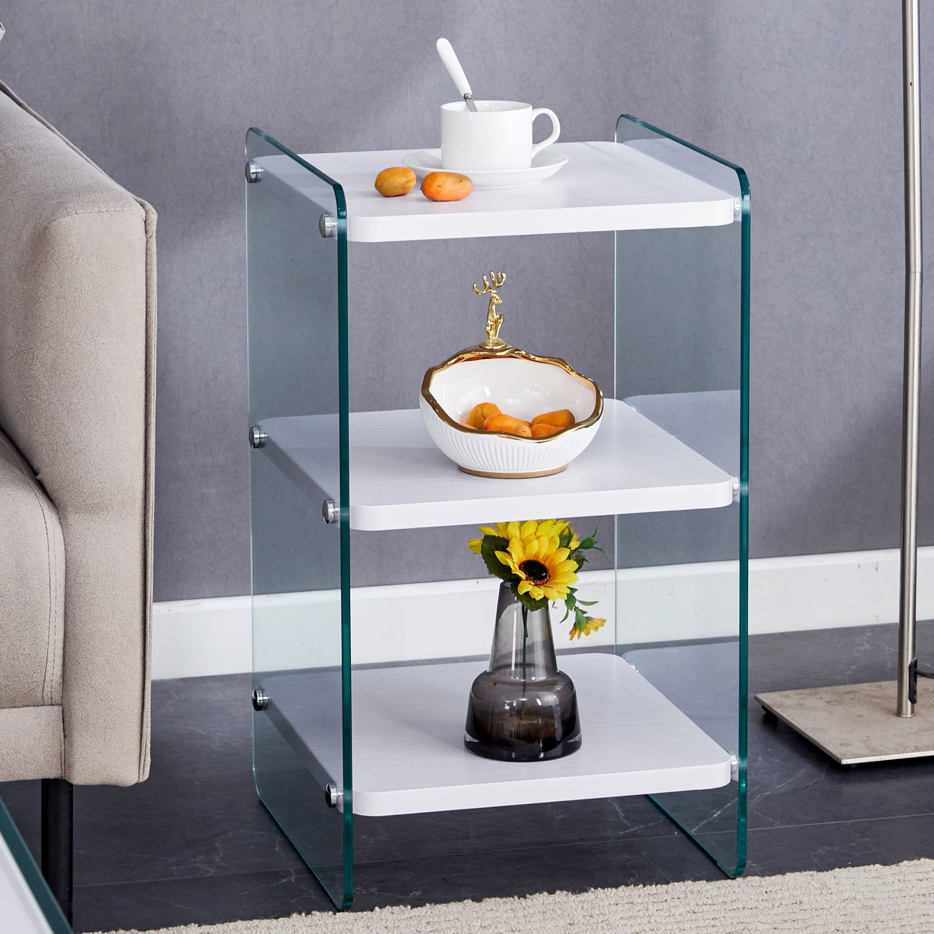 Simple Elegant Bedside Table With Storage Function And Tempered Glass - White - Image 4